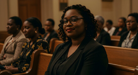 A confident Black woman sits in a church pew, smiling subtly, surrounded by other women in a service, exuding grace and strength.