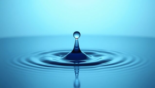 A single water drop creates perfect ripples on a calm blue surface