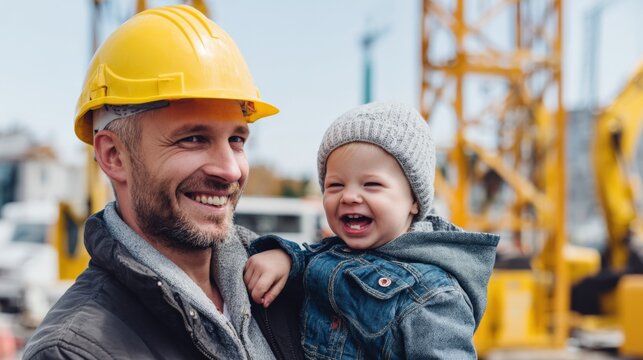 Happy father wea construction helmet holding smiling baby girl at outdoor construction site with cranes and machinery in background