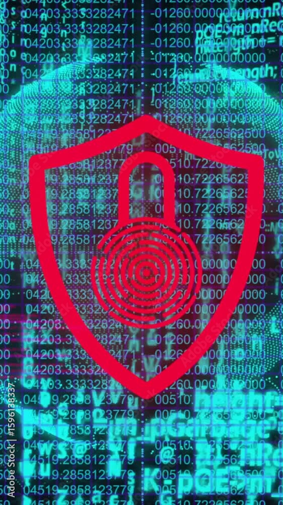 Poster Red lock shield icon over digital binary code and data security animation