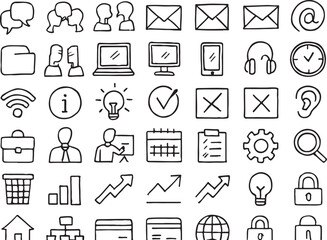 Black and white hand drawn icons grid sketch
