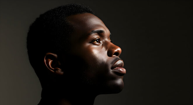 A young African American man looks pensively into the distance, his face partially shadowed, conveying a sense of contemplation and quiet strength, a powerful portrait.