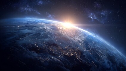 Earth from Space Sunrise View with Night Lights and Starry Sky