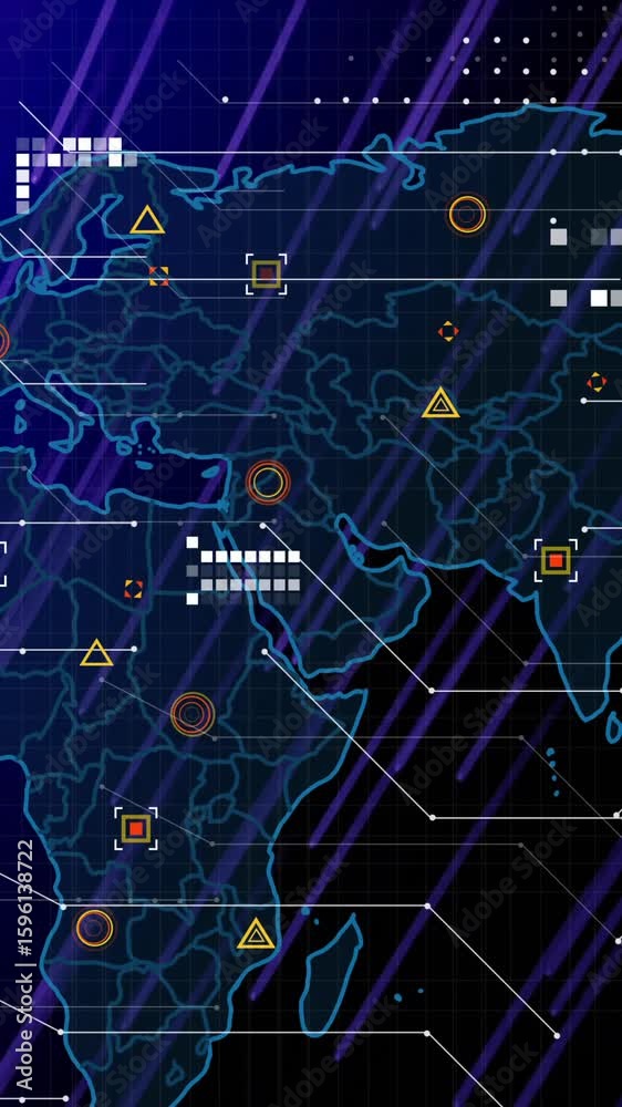 Poster animation of world map with data points and digital patterns on purple background