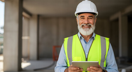 Fototapeta premium Experienced engineer smiling confidently at a construction site, holding a tablet, ready to oversee the project and ensure its success.
