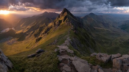 Obraz premium Panoramic View Of Mountain Summit At Sunset
