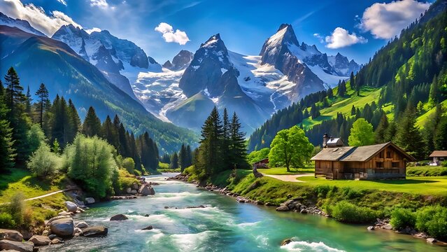 A picturesque mountain valley with a flowing river and a rustic cabin - Powered by Adobe