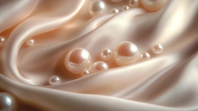 Soft, luxurious fabric undulates gently, showcasing lustrous pearls that glisten under soft light. The delicate arrangement creates a serene and graceful atmosphere, perfect for relaxation and beauty