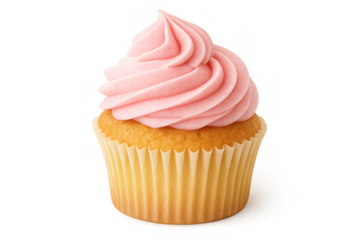 Single cupcake with pink icing isolated on transparent background, perfect for bakery, dessert, or food-related projects