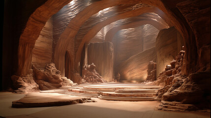 Hand-sculpted sandstone display stage in bottom third with natural lighting for rustic product showcases and earthy designs