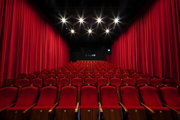 Empty Red Velvet Theater Seats, Dramatic Lighting, Cinematic Mood, Rows of Chairs