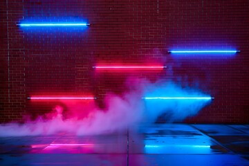 Moody Neon Lights on Brick Wall with Vapor: Cyberpunk Style Background