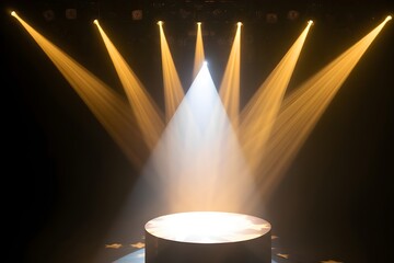 Dramatic Stage Lighting: Golden Rays Illuminate Circular Pedestal, Award Ceremony, Product Display, Winner Spotlight