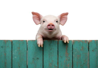 Curious Piglet Peeking Over Rustic Teal Fence; Playful, Charming Farm Animal Stock Photo;  Whimsical, Upbeat Mood.
