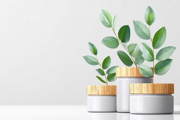 Light gray cosmetic jars with wooden lids and greenery.