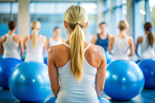 Women in Fitness Class Sitting on Blue Exercise Balls - Powered by Adobe