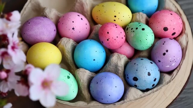 Happy Easter Day. Colorful Eggs with Cherry Blossom