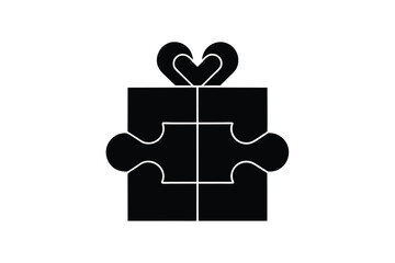 Puzzle Gift Box with Heart Ribbon Silhouette on White Background