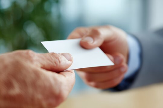 Hands exchanging business cards in a professional office meeting
