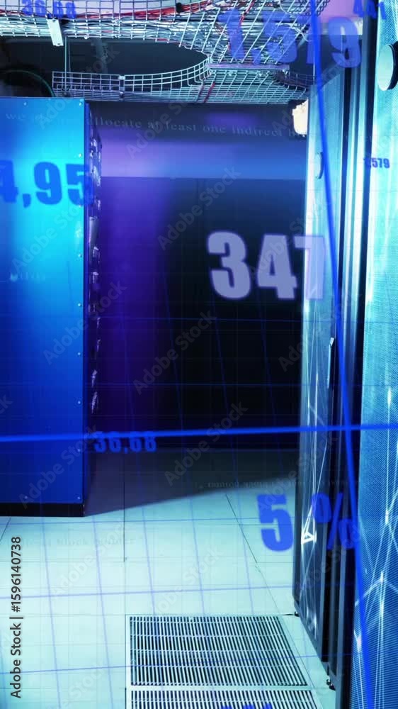 Poster processing data in blue-lit data center with servers, animated graphics displayed