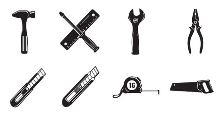 Obraz premium Collection of construction and diy hand tools in black and white vector illustration