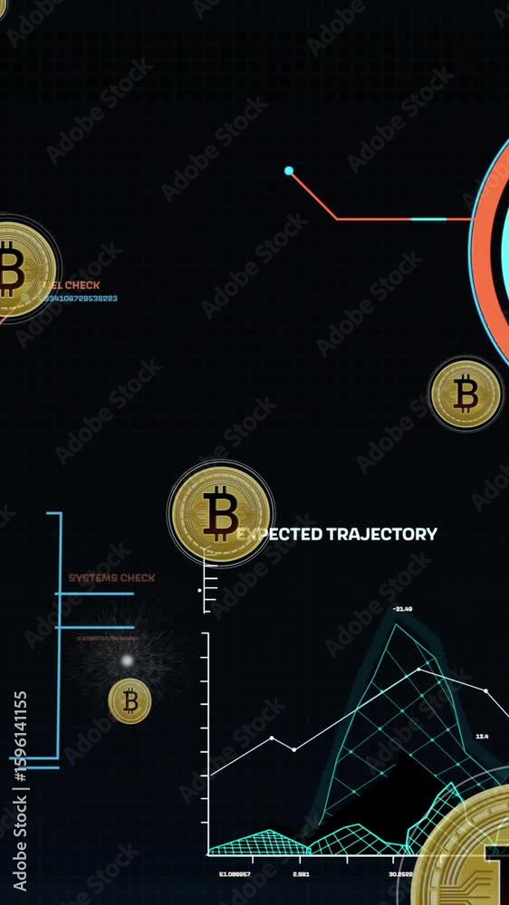 Poster rocket launch animation with bitcoin symbols and energy data visualization