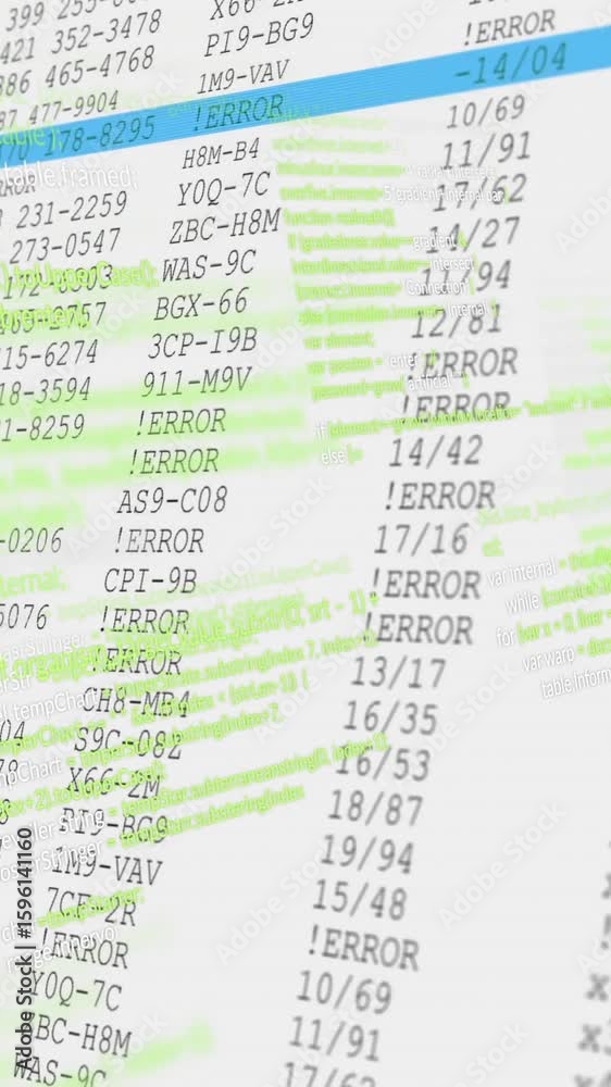 Poster processing data, animation highlighting errors in numerical spreadsheet entries