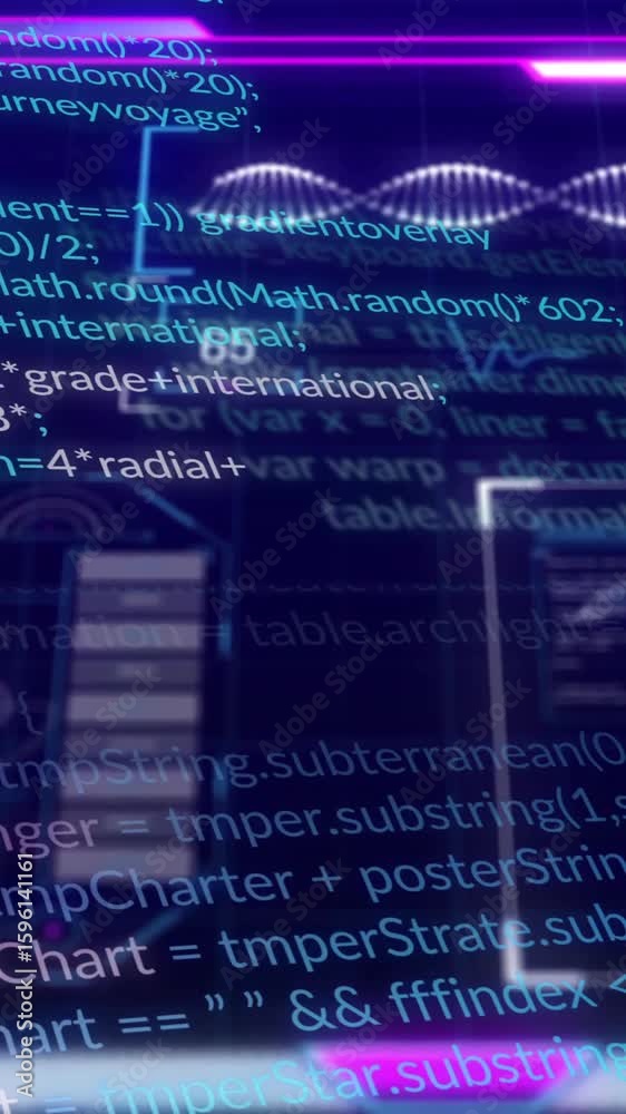 Poster processing digital code, futuristic interface with neon lights in animation