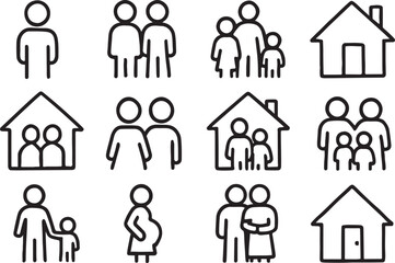 Simple line art icons of families and houses family