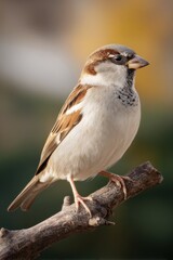 Close-up of a brown and white sparrow perched on a tree branch with autumn blurred background showing fall foliage and yellow leaves in natural outdoor setting
