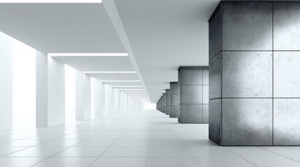 Modern minimalist indoor corridor with large concrete pillars and bright natural lighting creating a spacious architectural interior space