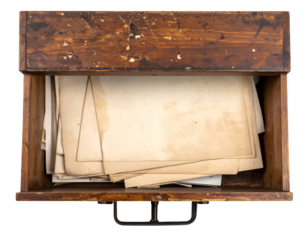 old wooden drawer filled with aged paper sheets and vintage documents top view on isolated background
