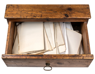 vintage wooden drawer full of old papers and envelopes top view on isolated background
