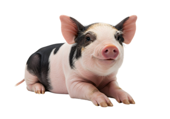 Adorable Black and White Piglet, Happy Expression, Studio Shot, Farm Animal, Cute, Friendly, Isolated on White Background
