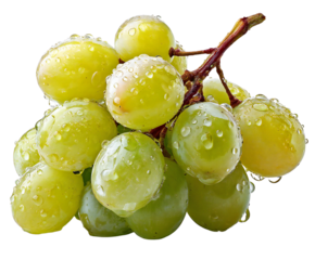 A refreshing cluster of green grapes, glistening with water droplets, isolated on transparent background, evokes the crisp sweetness and juicy goodness of a healthy and delicious snack