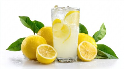 Fresh Juicy Lemonade in Clear Glass on White Background, Refreshing Summer Drink Still Life, Top View Commercial