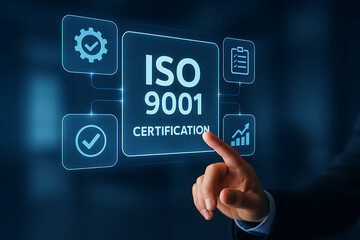 Businessman interacting with digital screen displaying ISO 9001 Quality Management System, ISO 9001 certified businesses, ISO certification, quality management system, digital compliance interface, 