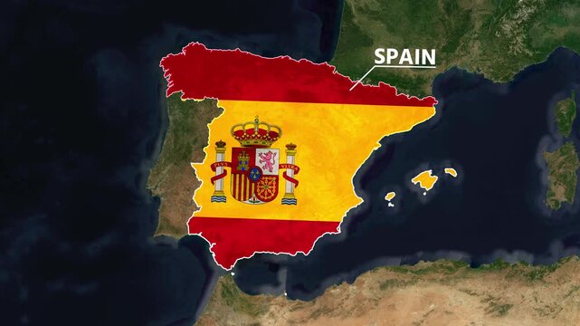 Zoom from Earth to Spain. (Country Flag) World map animation with highlighted country borders. Satellite 3d world map animation highlights aerial views, tourism, and travel. 4k