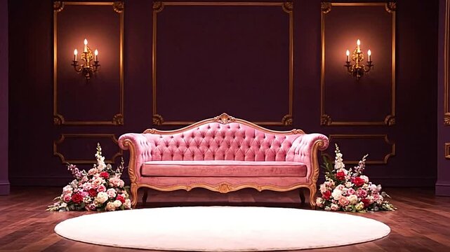 Pink velvet sofa on round white rug flanked by flowers against purple wall with ornate gold frames and sconces