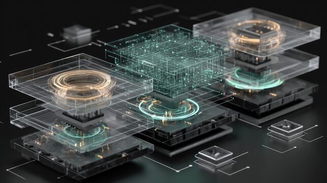 Floating data panel showing synchronized qubit behaviors during real-time AI computation with entangled responses and layered feedback cycles