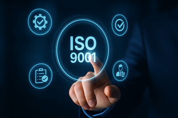 Businessman interacting with digital screen displaying ISO 9001 Quality Management System, ISO 9001 certified businesses, ISO certification, quality management system, digital compliance interface, 