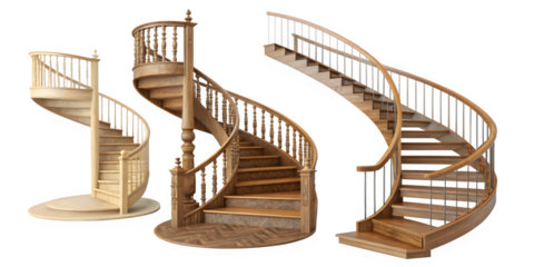 Three beautifully crafted wooden spiral staircases against a black background