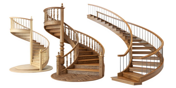 Three beautifully crafted wooden spiral staircases against a black background