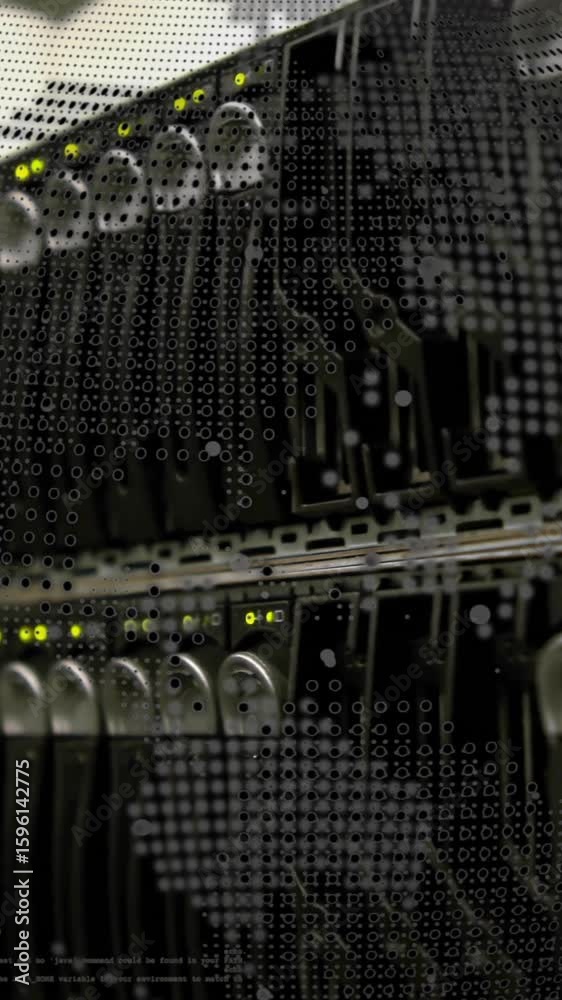 Poster server racks with glowing lights and digital data processing animation overlay