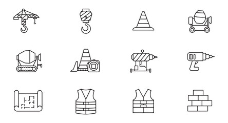 Fototapeta premium Outline icons illustrating construction equipment and tools for building and engineering projects