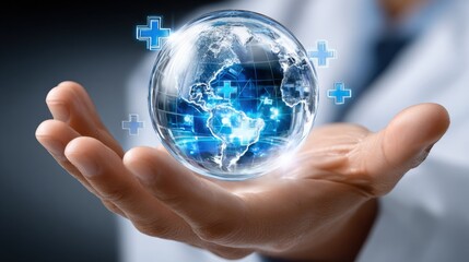 Hand holding a digital glowing earth globe with blue medical cross symbols representing healthcare technology and global medical innovations