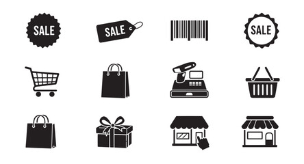 Set of black shopping and retail icons representing various sales related concepts