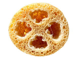 top view of natural loofah sponge cross section with porous texture for skincare and bath routine on isolated background

