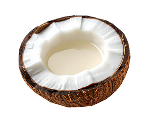 top view of fresh coconut half filled with coconut oil and white flesh for natural skincare and organic spa products on isolated background
