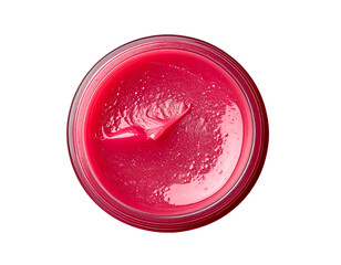 top view of glossy pink lip balm with finger swipe texture in cosmetic jar for skincare and beauty product mockup on isolated background
